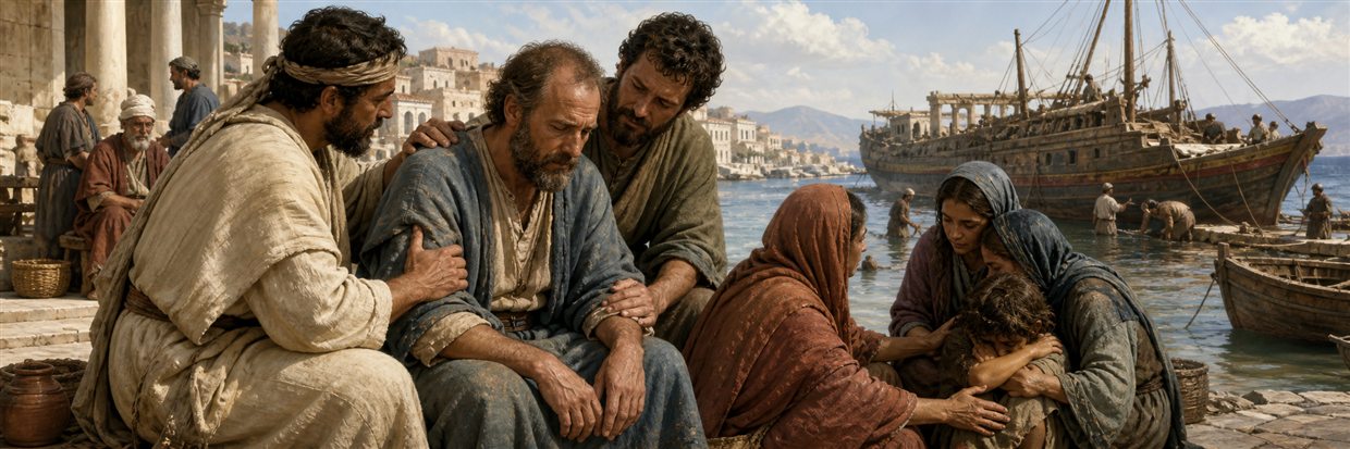 Companions comforting a weary apostle and a grieving family beside a repaired ship in harbor